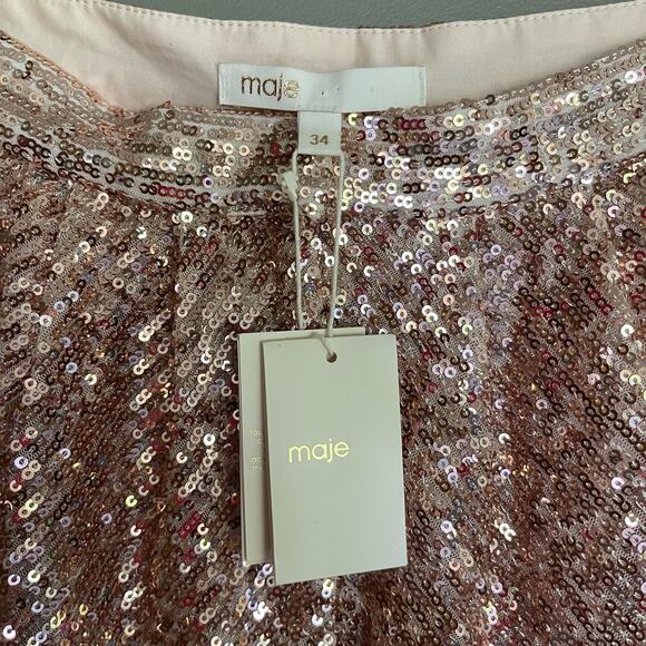 NWT MAJE Sequin Shorts In Metal Pink Size XS Rose Gold Flouncy Dress Shorts Chic - Picture 9 of 16